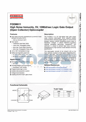FODM611_10 datasheet - High Noise Immunity, 5V, 10Mbit/sec Logic Gate Output (Open Collector) Optocoupler