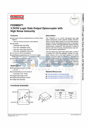 FODM8071 datasheet - 3.3V/5V Logic Gate Output Optocoupler with High Noise Immunity