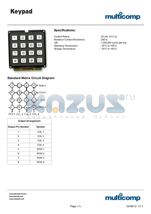 MCAK1604NBWB datasheet - Keypad, 4  4 Array, Plastic