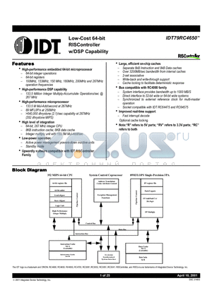 IDT79RC4650 datasheet - Low-Cost 64-bit RISController w/DSP Capability