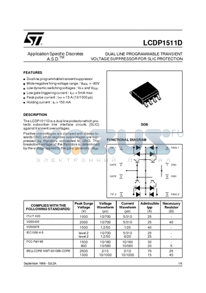 LCDP1511D datasheet - DUAL LINE PROGRAMMABLE TRANSIENT VOLTAGE SUPPRESSOR FOR SLIC PROTECTION