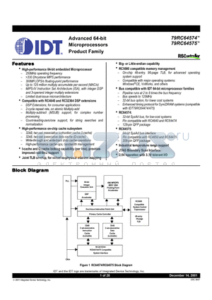 IDT79RC64T575-250DZI datasheet - Advanced 64-bit Microprocessors Product Family