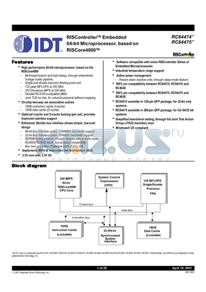 IDT79RC64V474-200DPI datasheet - RISControllerTM Embedded 64-bit Microprocessor, based on