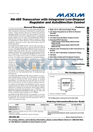 MAX13411EESA+ datasheet - RS-485 Transceiver with Integrated Low-Dropout Regulator and AutoDirection Control