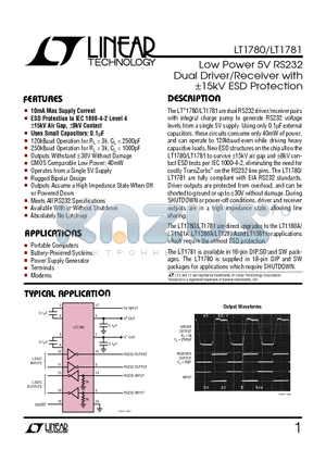 LT1781CS datasheet - Low Power 5V RS232 Dual Driver/Receiver with a15kV ESD Protection