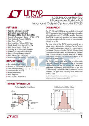 LT1783 datasheet - 1.25MHz, Over-The-Top Micropower, Rail-to-Rail Input and Output Op Amp in SOT-23