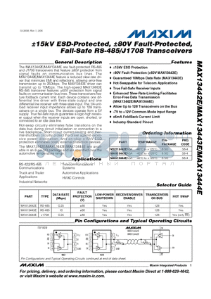 MAX13442EASA datasheet - a15kV ESD-Protected, a80V Fault-Protected, Fail-Safe RS-485/J1708 Transceivers