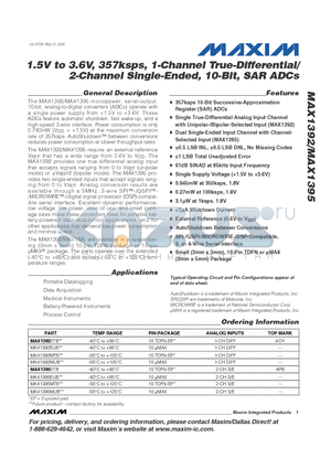 MAX1392ETB datasheet - 1.5V to 3.6V, 357ksps, 1-Channel True-Differential/ 2-Channel Single-Ended, 10-Bit, SAR ADCs