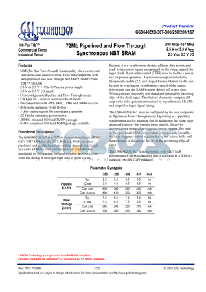 GS8640Z18GT-200 datasheet - 72Mb Pipelined and Flow Through Synchronous NBT SRAM