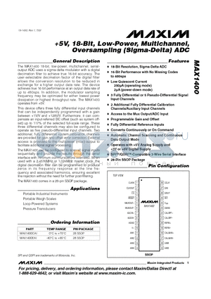 MAX1400 datasheet - 5V, 18-Bit, Low-Power, Multichannel, Oversampling (Sigma-Delta) ADC