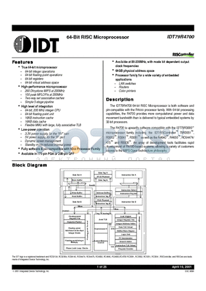 IDT79RV4700-133GH datasheet - 64-Bit RISC Microprocessor
