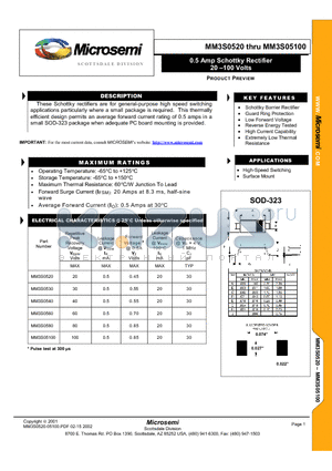 MM3S0560 datasheet - 0.5 Amp Schottky Rectifier 20 -100 Volts