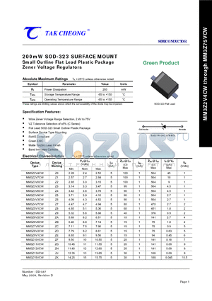 MM3Z10VCW datasheet - 200mW SOD-323 SURFACE MOUNT Small Outline Flat Lead Plastic Package Zener Voltage Regulators