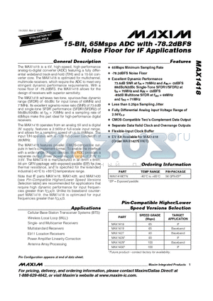 MAX1419 datasheet - 15-Bit, 65Msps ADC with -78.2dBFS Noise Floor for IF Applications