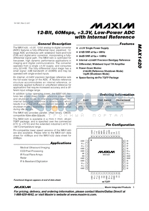 MAX1420 datasheet - 12-Bit, 60Msps, 3.3V, Low-Power ADC with Internal Reference