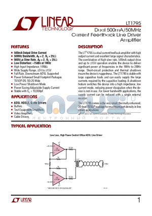 LT1795 datasheet - Dual 500mA/50MHz Current Feedback Line Driver Amplifier