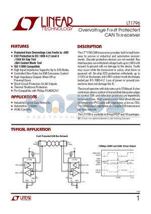 LT1796CN8 datasheet - Overvoltage Fault Protected CAN Transceiver