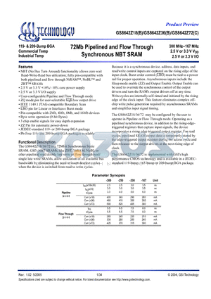 GS8642Z18B datasheet - 72Mb Pipelined and Flow Through Synchronous NBT SRAM