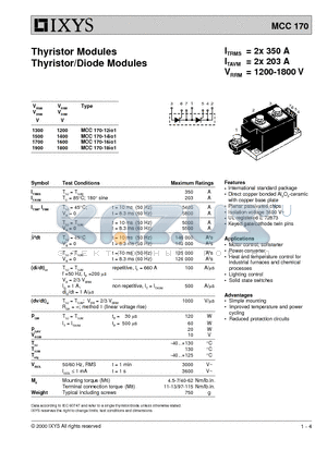 MCC170 datasheet - Thyristor Modules Thyristor/Diode Modules