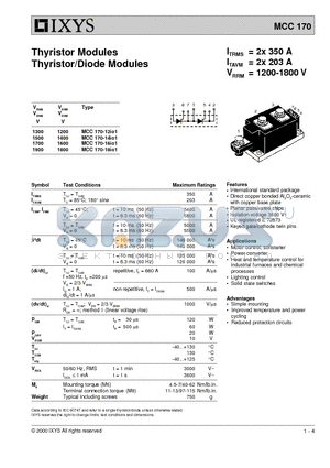 MCC170-16IO1 datasheet - Thyristor Modules Thyristor/Diode Modules