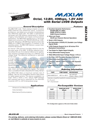 MAX1434 datasheet - Octal, 10-Bit, 50Msps, 1.8V ADC with Serial LVDS Outputs