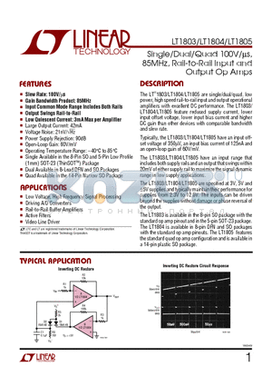 LT1805IS datasheet - Single/Dual/Quad 100V/ms, 85MHz, Rail-to-Rail Input and Output Op Amps