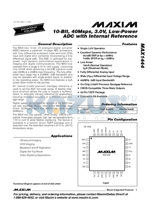MAX1444EHJ datasheet - 10-Bit, 40Msps, 3.0V, Low-Power ADC with Internal Reference