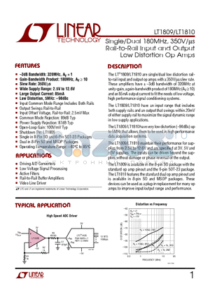 LT1809 datasheet - Single/Dual 180MHz, 350V/ms Rail-to-Rail Input and Output Low Distortion Op Amps
