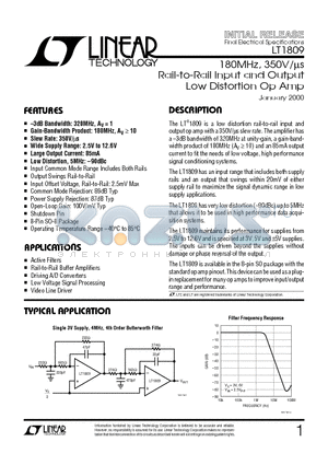 LT1809CS8 datasheet - 180MHz, 350V/ms Rail-to-Rail Input and Output Low Distortion Op Amp