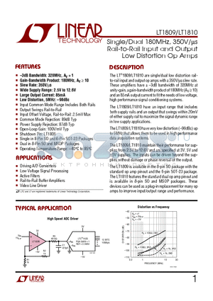 LT1809IS6 datasheet - Single/Dual 180MHz, 350V/ms Rail-to-Rail Input and Output Low Distortion Op Amps