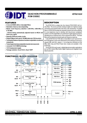 IDT821024J datasheet - QUAD NON-PROGRAMMABLE PCM CODEC