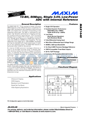 MAX1448 datasheet - 10-Bit, 80Msps, Single 3.0V, Low-Power ADC with Internal Reference