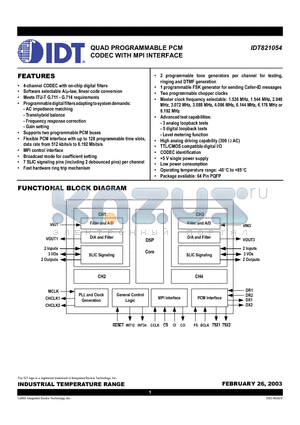 IDT821054 datasheet - QUAD PROGRAMMABLE PCM  CODEC WITH MPI INTERFACE