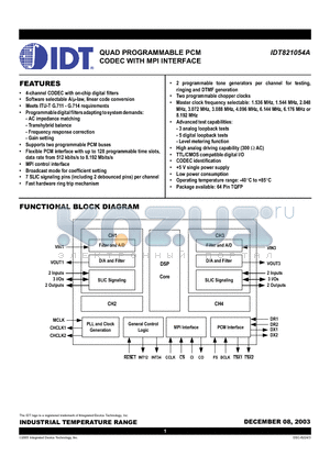 IDT821054A datasheet - QUAD PROGRAMMABLE PCM CODEC WITH MPI INTERFACE