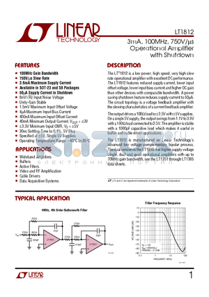 LT1812CS8 datasheet - 3mA, 100MHz, 750V/ms Operational Amplifier with Shutdown