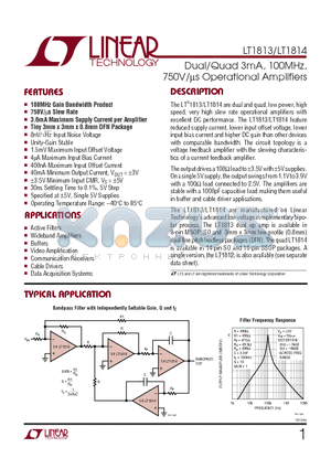 LT1813 datasheet - Dual/Quad 3mA, 100MHz, 750V/^ Operational Amplifiers