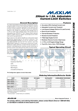 MAX14523AATA datasheet - 250mA to 1.5A, Adjustable Current-Limit Switches