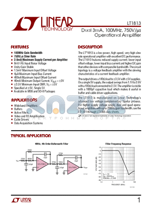 LT1813CS8 datasheet - Dual 3mA, 100MHz, 750V/us Operational Amplifier