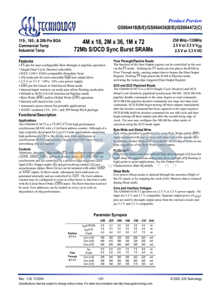 GS864418B-150I datasheet - 4M x 18, 2M x 36, 1M x 72 72Mb S/DCD Sync Burst SRAMs