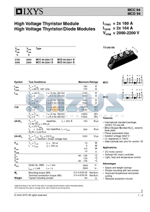 MCC94-22IO1B datasheet - High Voltage Thyristor Module High Voltage Thyristor/Diode Modules