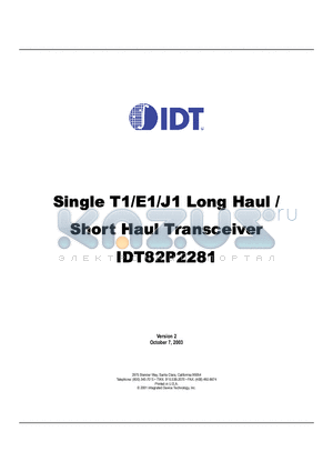 IDT82P2281PN datasheet - Single T1/E1/J1 Long Haul Short Haul Transceiver