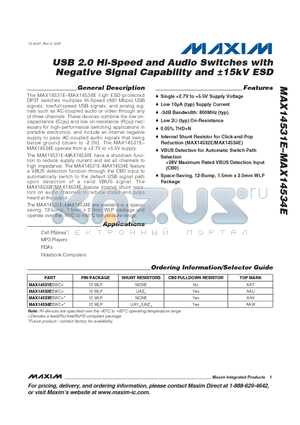 MAX14533E datasheet - USB 2.0 Hi-Speed and Audio Switches with Negative Signal Capability and a15kV ESD