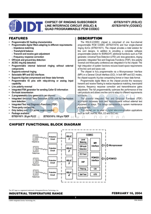 IDT82V1074PF datasheet - CHIPSET OF RINGING SUBSCRIBER  LINE INTERFACE CIRCUIT (RSLIC) & QUAD PROGRAMMABLE PCM CODEC