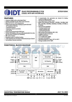 IDT82V1054A datasheet - QUAD PROGRAMMABLE PCM  CODEC WITH MPI INTERFACE