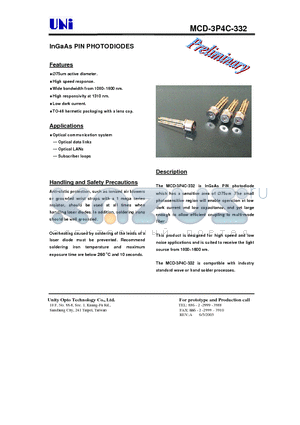 MCD-3P4C-332 datasheet - InGaAs PIN PHOTODIODES