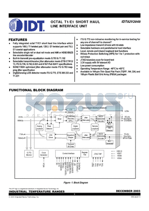 IDT82V2048DA datasheet - OCTAL T1/E1 SHORT HAUL LINE INTERFACE UNIT