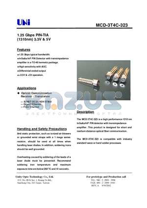 MCD-3T4C-323 datasheet - 1.25 Gbps PIN-TIA (1310nm) 3.3V & 5V