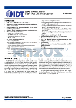 IDT82V2048EDR datasheet - OCTAL CHANNEL T1/E1/J1 SHORT HAUL LINE INTERFACE UNIT