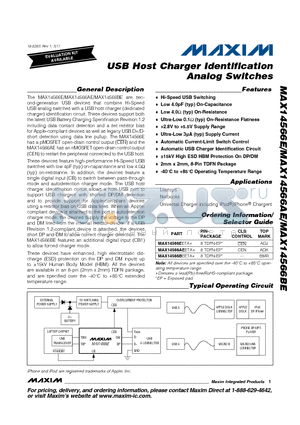 MAX14566AEETA datasheet - USB Host Charger Identification Analog Switches 2mm x 2mm, 8-Pin TDFN Package