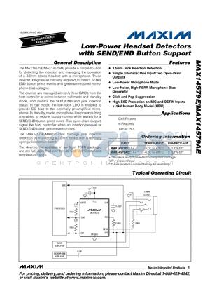 MAX14579AEETA datasheet - Low-Power Headset Detectors with SEND/END Button Support Low-Power Microphone Mode